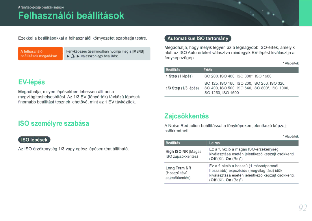 Samsung EV-NX11ZZBABDK, EV-NX11ZZBABSE manual Felhasználói beállítások, ISO személyre szabása, Zajcsökkentés, ISO lépések 