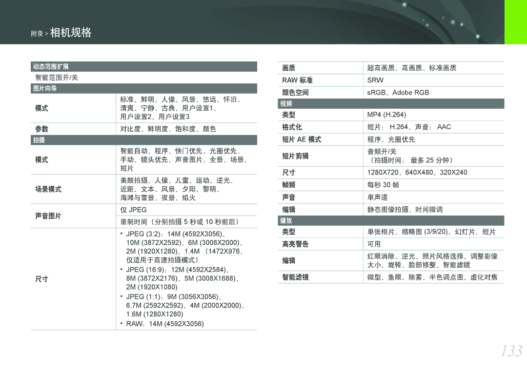 Samsung EV-NX11ZZBABHU, EV-NX11ZZBABDK, EV-NX11ZZBABSE manual 133, Raw 标准 