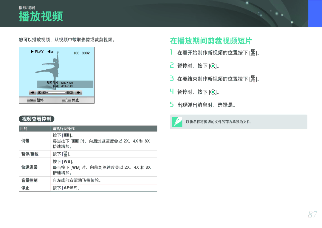 Samsung EV-NX11ZZBABSE, EV-NX11ZZBABDK, EV-NX11ZZBABHU manual 在播放期间剪裁视频短片, 视频查看控制, 您可以播放视频、从视频中截取影像或裁剪视频。 