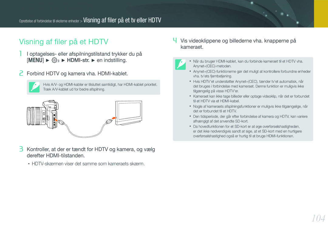 Samsung EV-NX11ZZBABDK, EV-NX11ZZBABSE, EV-NX11ZZBBBSE manual 104, Visning af ﬁler på et Hdtv 