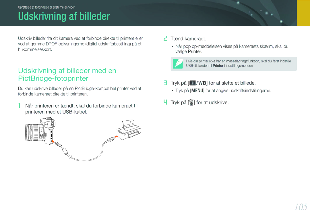 Samsung EV-NX11ZZBABSE, EV-NX11ZZBABDK, EV-NX11ZZBBBSE manual 105, Udskrivning af billeder med en PictBridge-fotoprinter 