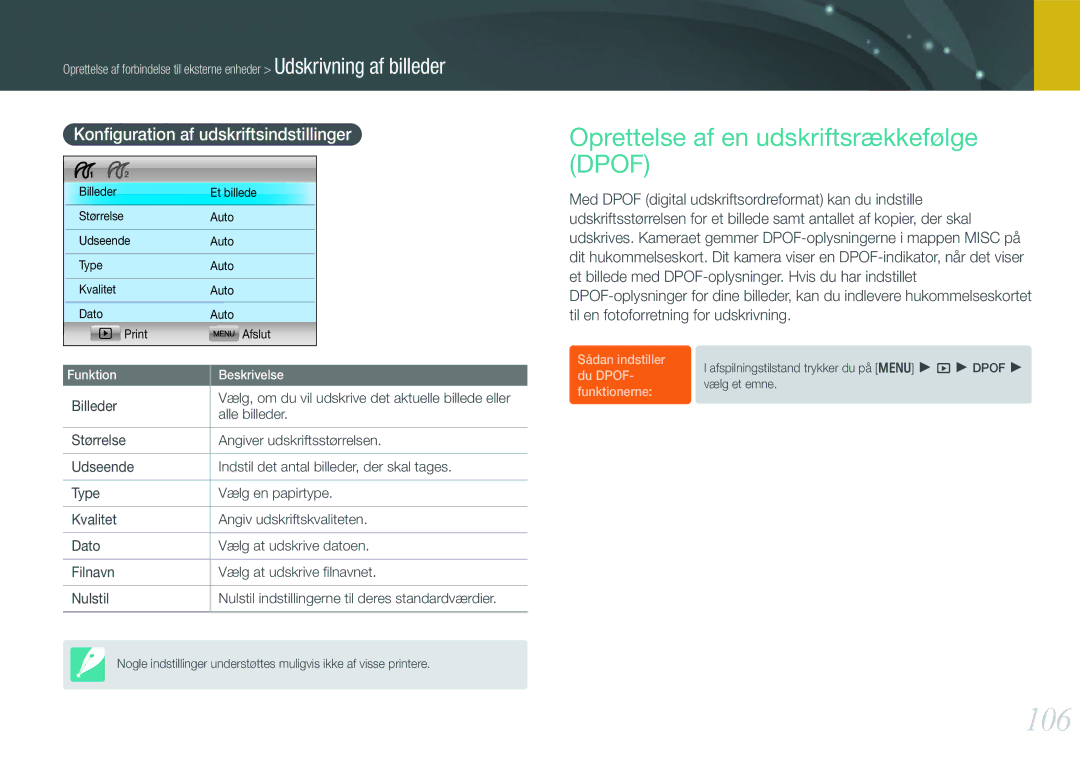 Samsung EV-NX11ZZBBBSE manual 106, Oprettelse af en udskriftsrækkefølge Dpof, Konﬁguration af udskriftsindstillinger 