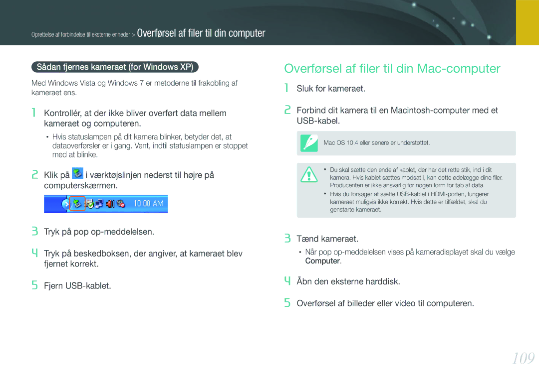 Samsung EV-NX11ZZBBBSE, EV-NX11ZZBABDK 109, Overførsel af ﬁler til din Mac-computer, Sådan fjernes kameraet for Windows XP 