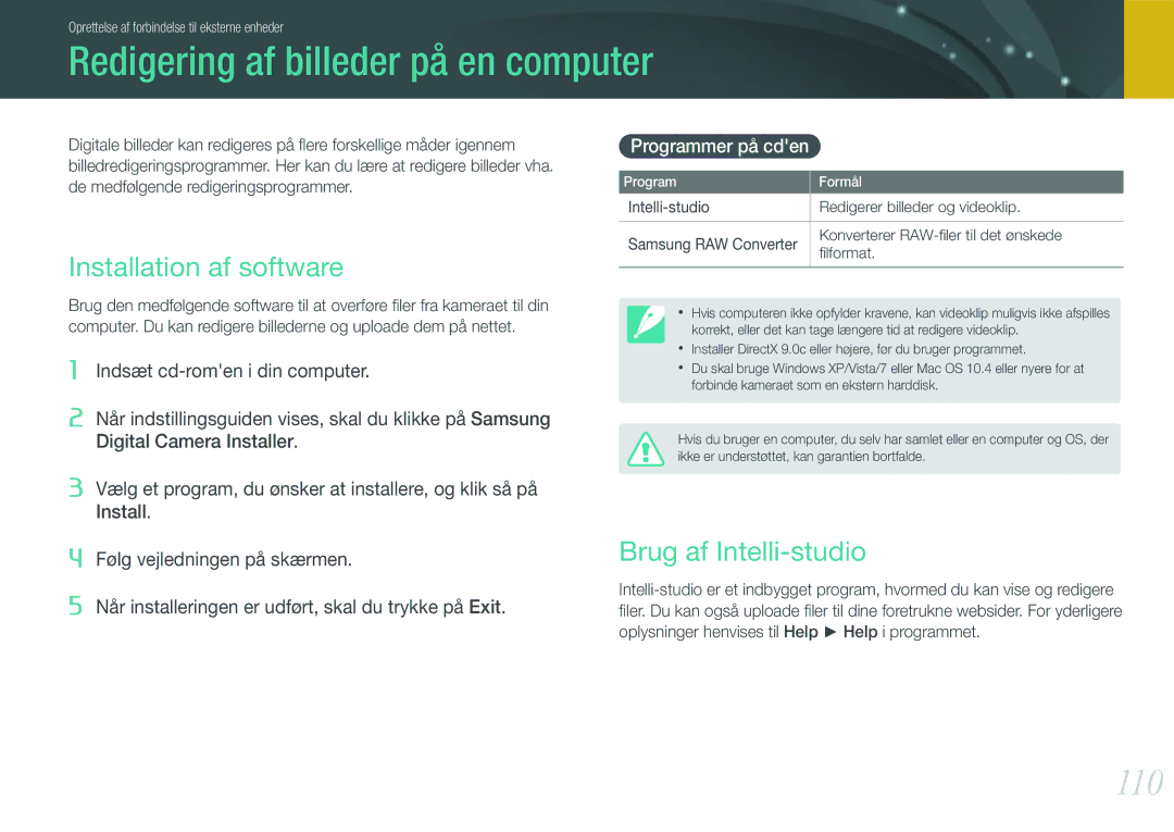Samsung EV-NX11ZZBABDK manual Redigering af billeder på en computer, 110, Installation af software, Brug af Intelli-studio 