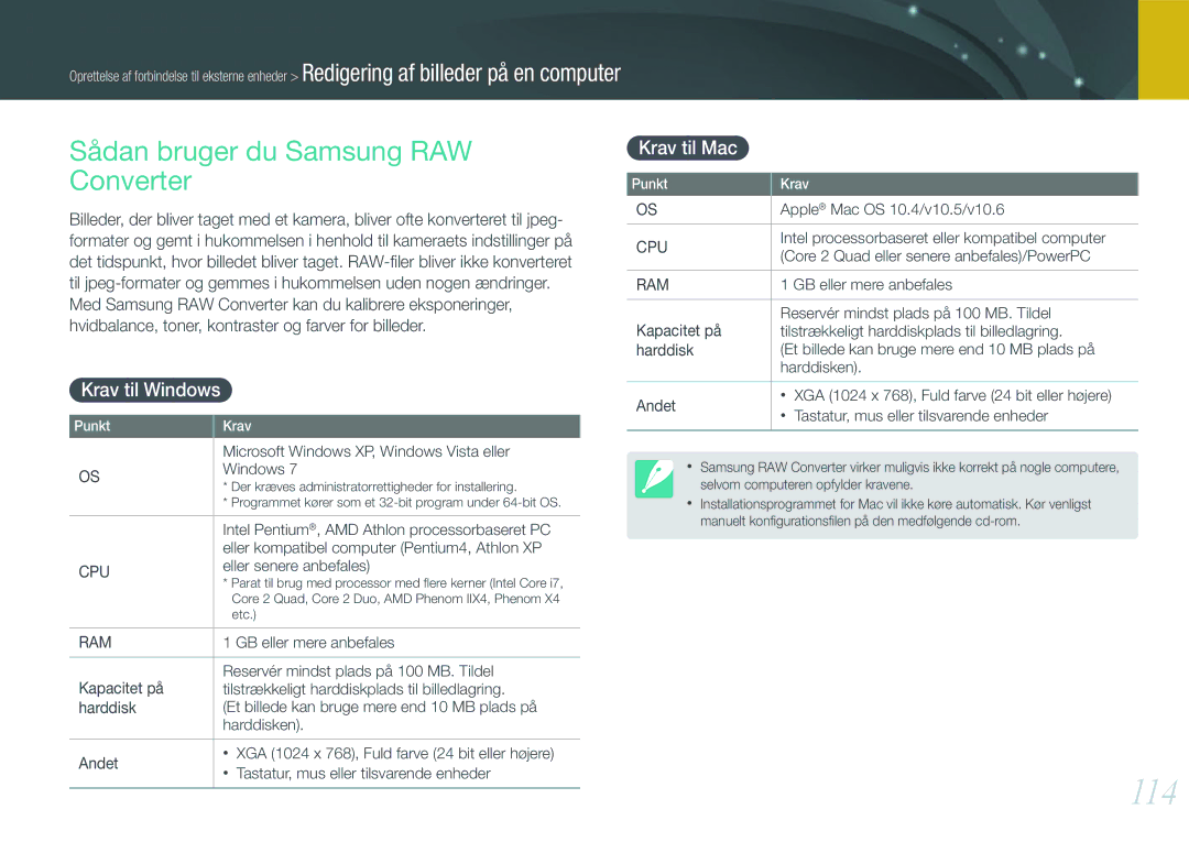 Samsung EV-NX11ZZBABSE, EV-NX11ZZBABDK manual 114, Sådan bruger du Samsung RAW Converter, Krav til Windows, Krav til Mac 