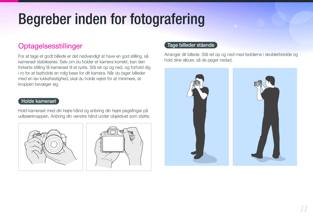 Samsung EV-NX11ZZBABDK, EV-NX11ZZBABSE, EV-NX11ZZBBBSE manual Holde kameraet, Tage billeder stående 