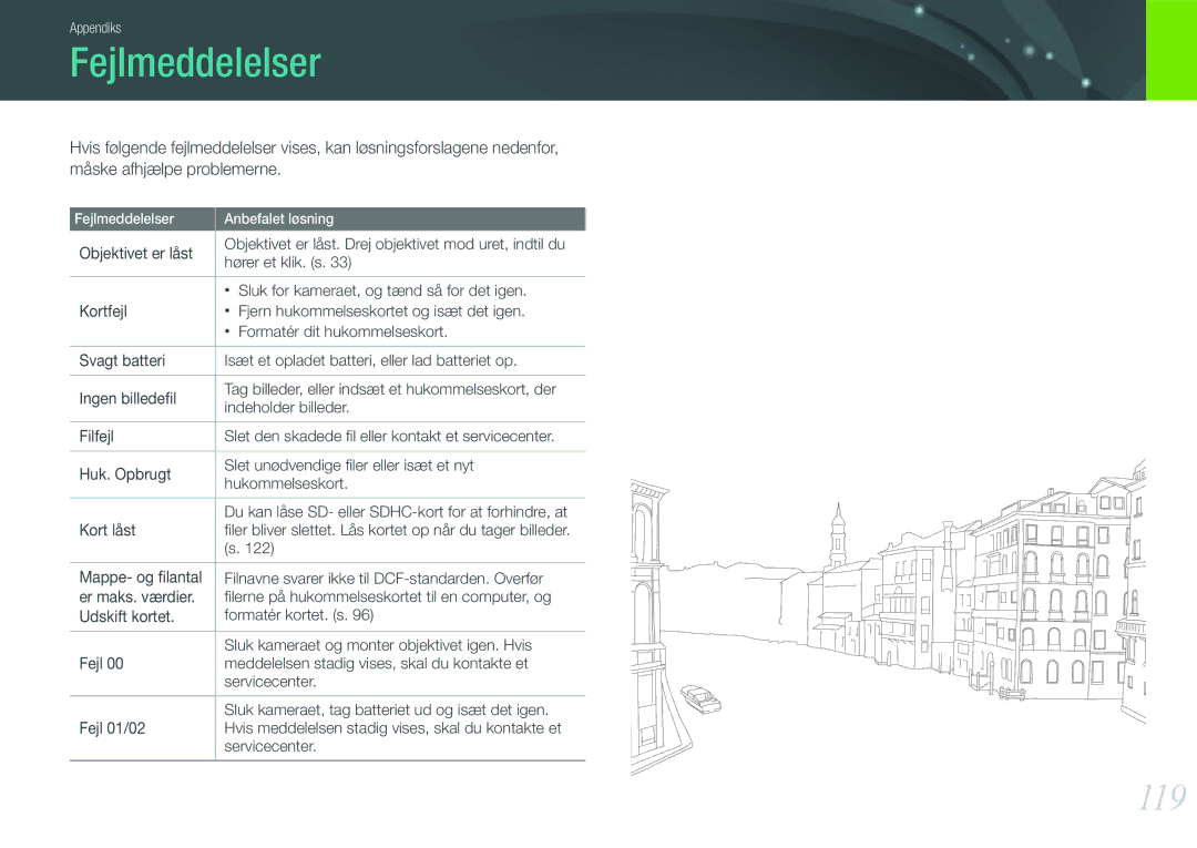 Samsung EV-NX11ZZBABDK, EV-NX11ZZBABSE, EV-NX11ZZBBBSE manual Fejlmeddelelser, 119, Objektivet er låst, Hører et klik. s 