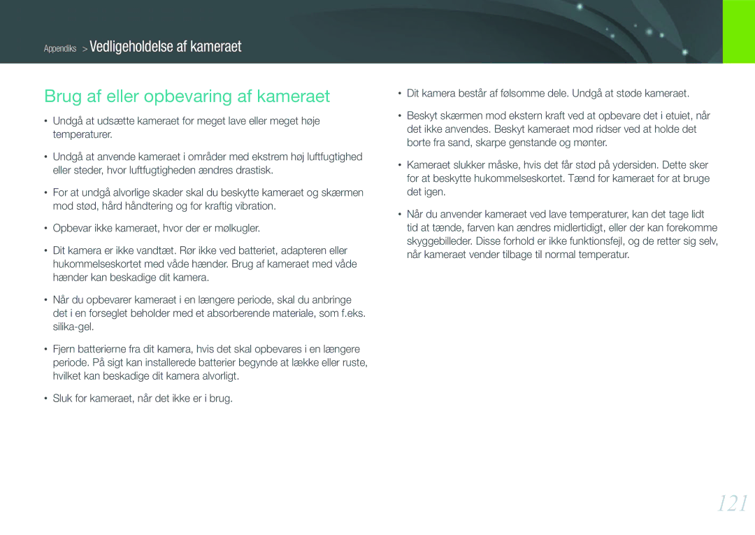 Samsung EV-NX11ZZBBBSE, EV-NX11ZZBABDK, EV-NX11ZZBABSE manual 121, Brug af eller opbevaring af kameraet 