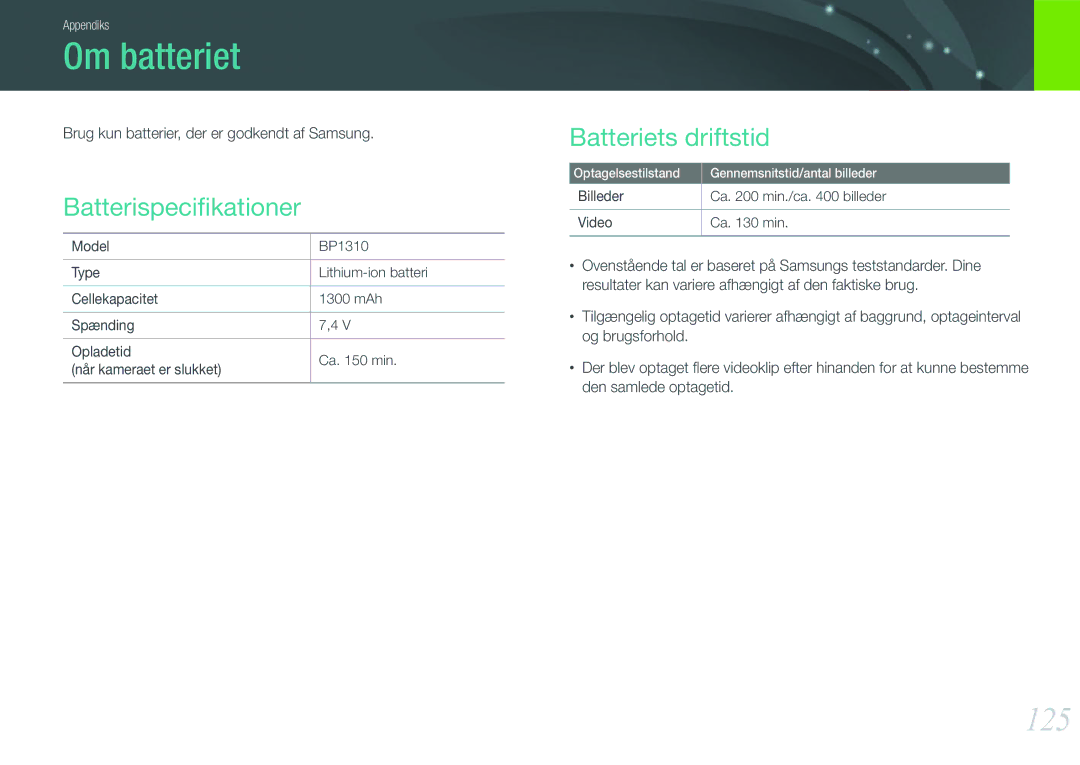 Samsung EV-NX11ZZBABDK, EV-NX11ZZBABSE, EV-NX11ZZBBBSE manual Om batteriet, 125, Batterispeciﬁkationer, Batteriets driftstid 