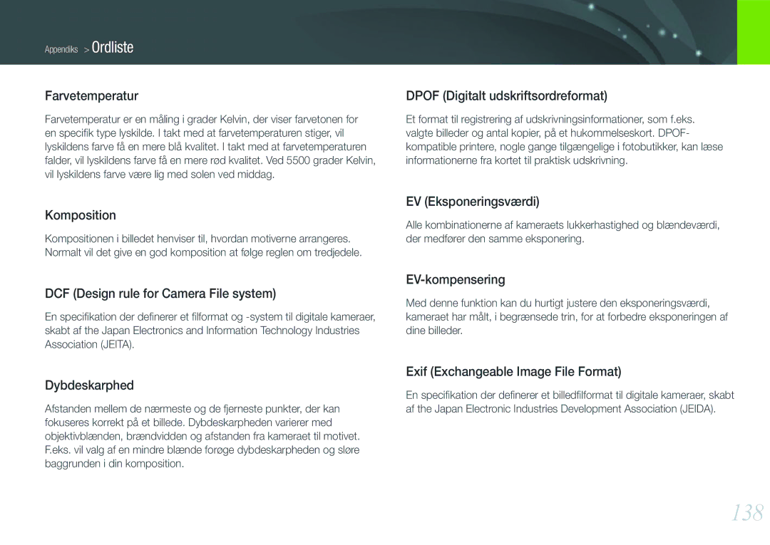 Samsung EV-NX11ZZBABSE, EV-NX11ZZBABDK, EV-NX11ZZBBBSE manual 138, Farvetemperatur 