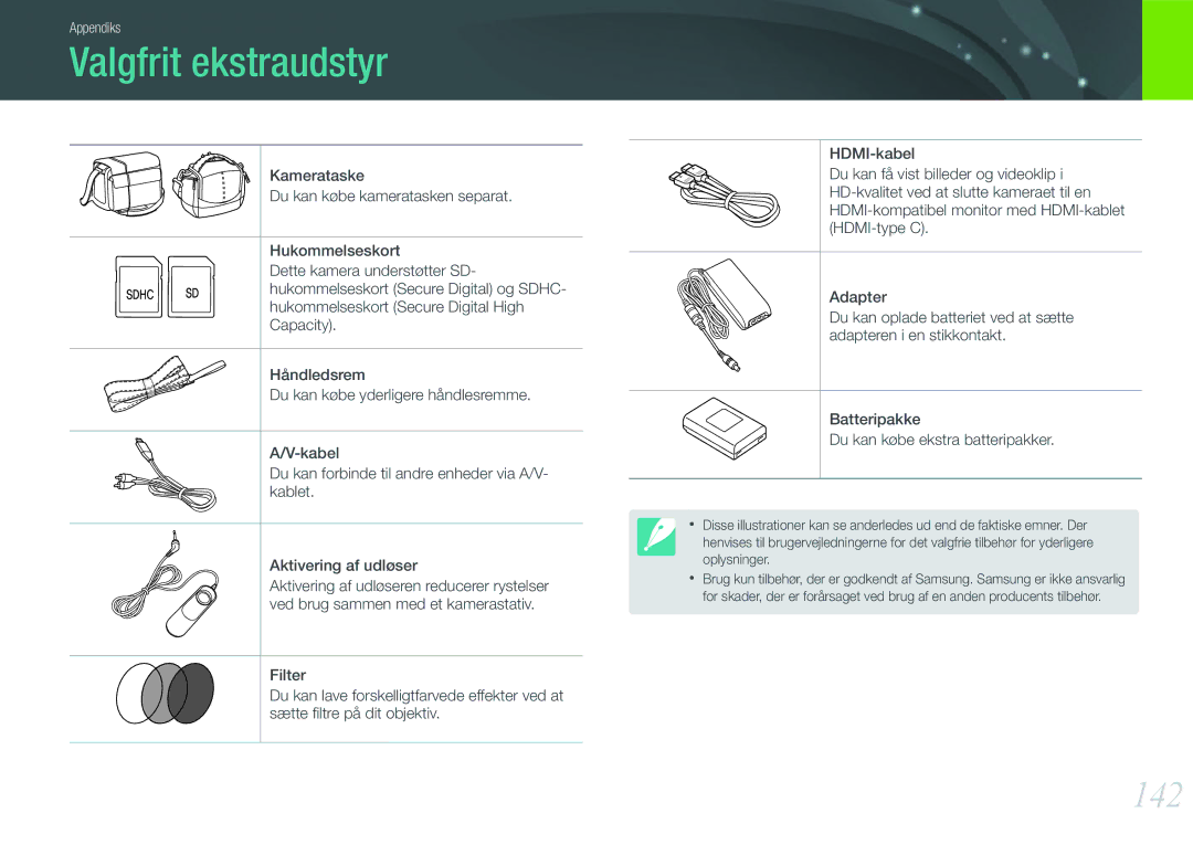 Samsung EV-NX11ZZBBBSE, EV-NX11ZZBABDK, EV-NX11ZZBABSE manual Valgfrit ekstraudstyr, 142 