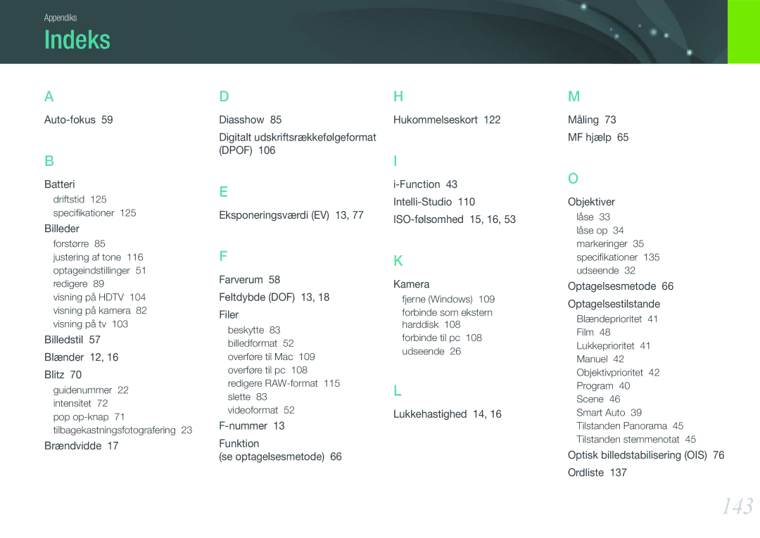 Samsung EV-NX11ZZBABDK, EV-NX11ZZBABSE, EV-NX11ZZBBBSE manual Indeks, 143, Digitalt udskriftsrækkefølgeformat Dpof 