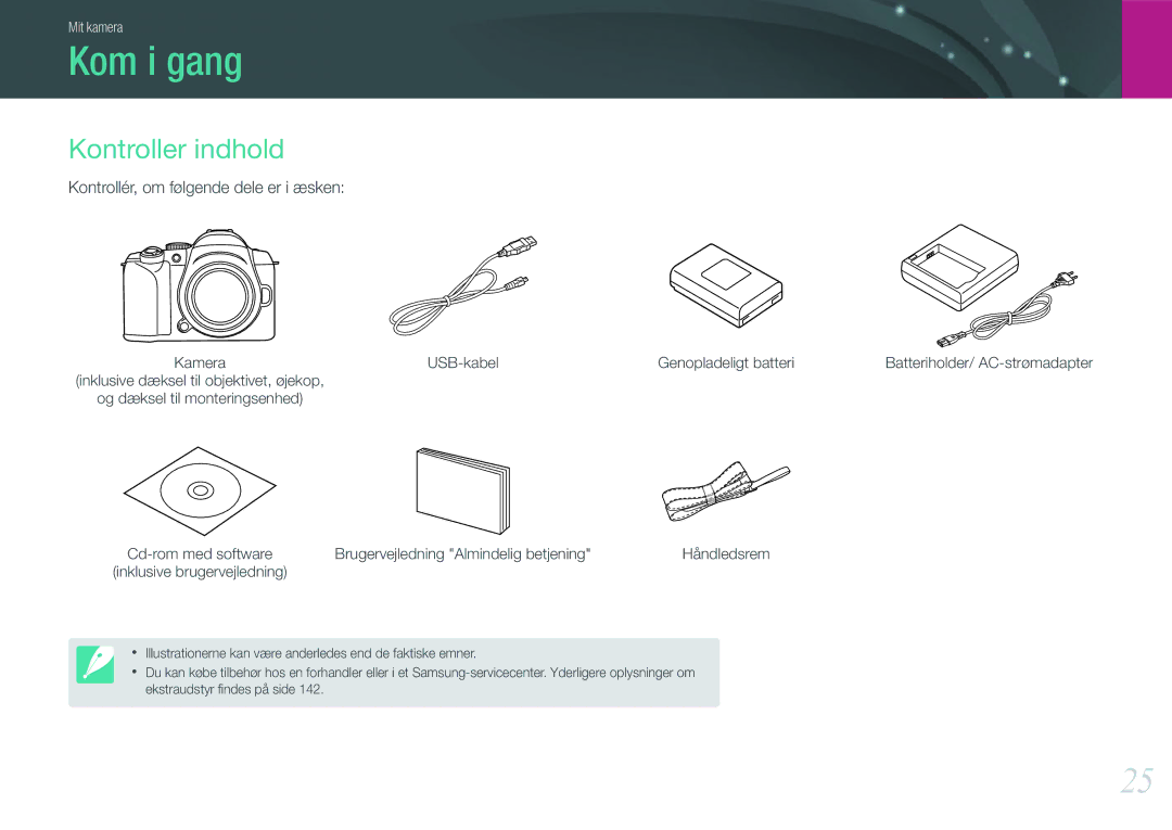 Samsung EV-NX11ZZBBBSE, EV-NX11ZZBABDK, EV-NX11ZZBABSE manual Kom i gang, Kontroller indhold, USB-kabel Genopladeligt batteri 