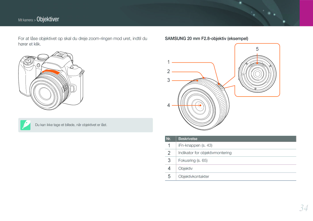 Samsung EV-NX11ZZBBBSE, EV-NX11ZZBABDK, EV-NX11ZZBABSE manual Hører et klik, Samsung 20 mm F2.8-objektiv eksempel 