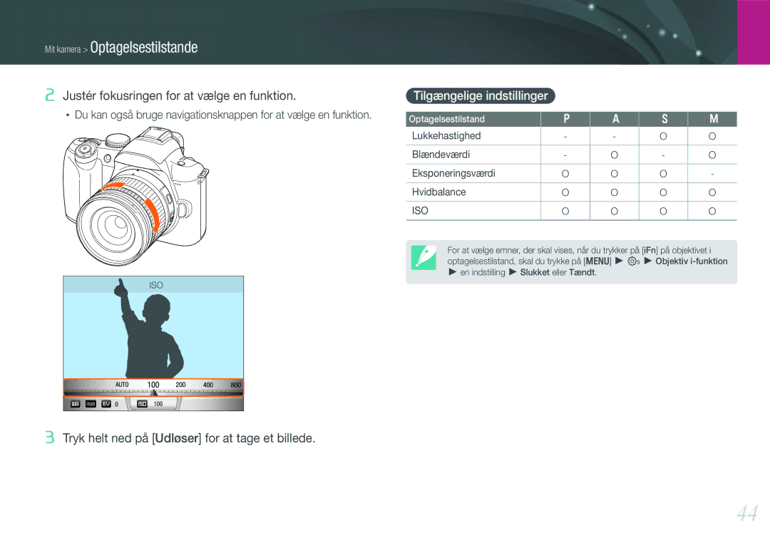 Samsung EV-NX11ZZBABDK manual Tilgængelige indstillinger, Lukkehastighed Blændeværdi Eksponeringsværdi Hvidbalance 