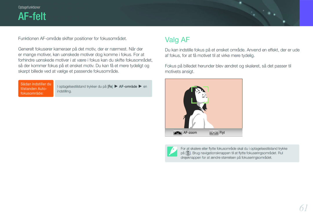 Samsung EV-NX11ZZBBBSE, EV-NX11ZZBABDK, EV-NX11ZZBABSE manual AF-felt, Valg AF 