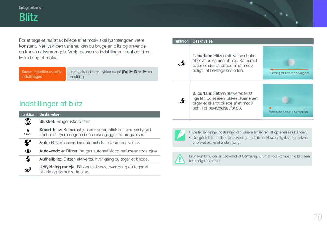 Samsung EV-NX11ZZBBBSE, EV-NX11ZZBABDK, EV-NX11ZZBABSE manual Blitz, Indstillinger af blitz, Slukket Bruger ikke blitzen 