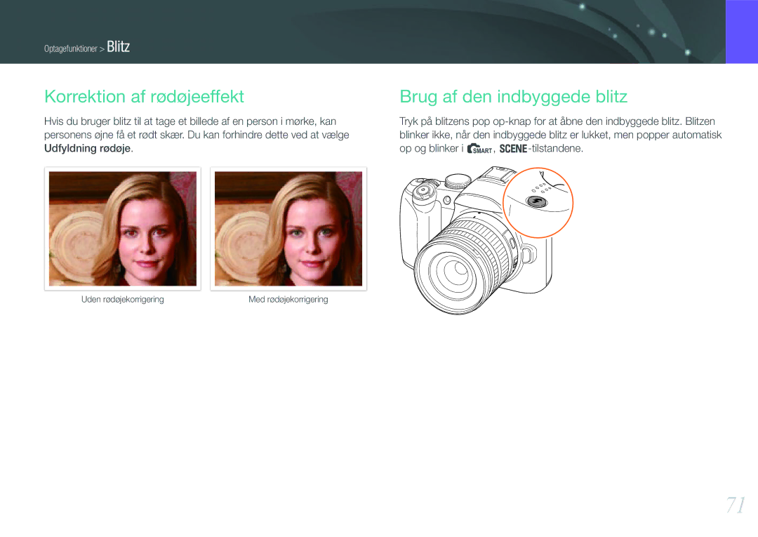 Samsung EV-NX11ZZBABDK, EV-NX11ZZBABSE, EV-NX11ZZBBBSE manual Korrektion af rødøjeeffekt, Brug af den indbyggede blitz 