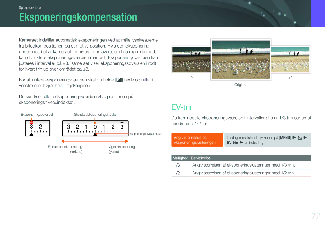 Samsung EV-NX11ZZBABDK manual Eksponeringskompensation, EV-trin, Angiv størrelsen af eksponeringsjusteringer med 1/3 trin 