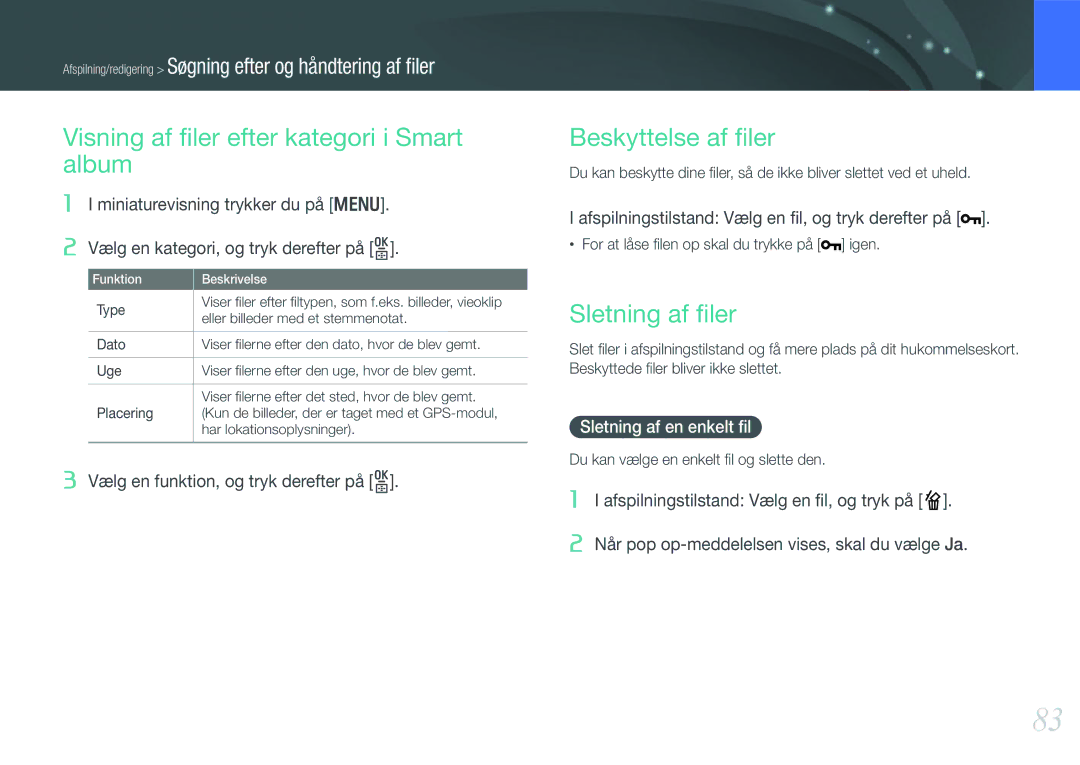 Samsung EV-NX11ZZBABDK, EV-NX11ZZBABSE Visning af ﬁler efter kategori i Smart album, Beskyttelse af ﬁler, Sletning af ﬁler 