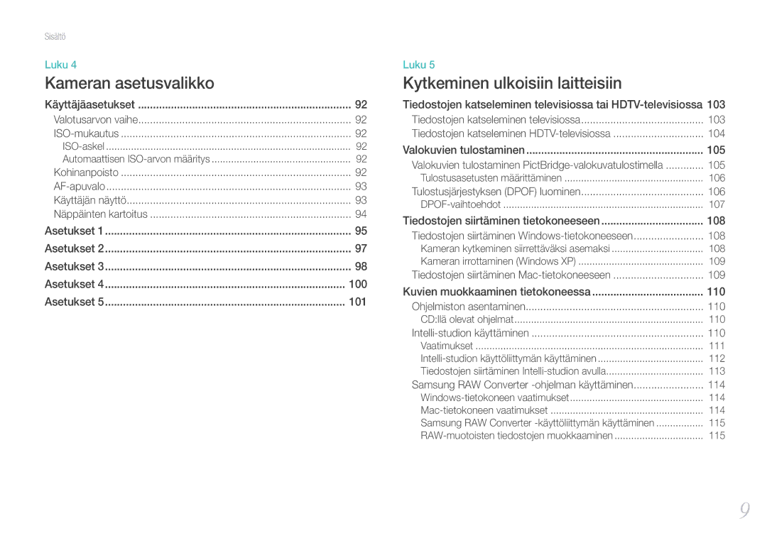 Samsung EV-NX11ZZBABSE, EV-NX11ZZBABDK, EV-NX11ZZBBBSE manual Kameran asetusvalikko 