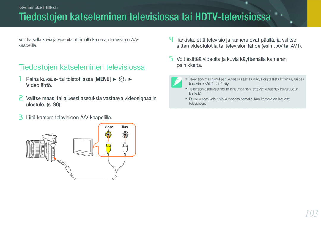 Samsung EV-NX11ZZBBBSE, EV-NX11ZZBABDK, EV-NX11ZZBABSE Tiedostojen katseleminen televisiossa tai HDTV-televisiossa, 103 