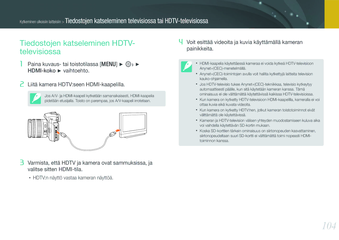 Samsung EV-NX11ZZBABDK, EV-NX11ZZBABSE, EV-NX11ZZBBBSE manual 104, Tiedostojen katseleminen HDTV- televisiossa 