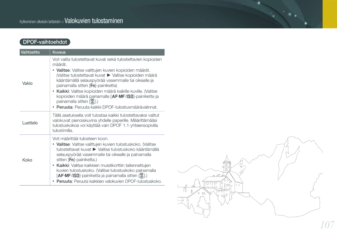 Samsung EV-NX11ZZBABDK, EV-NX11ZZBABSE, EV-NX11ZZBBBSE manual 107, DPOF-vaihtoehdot 