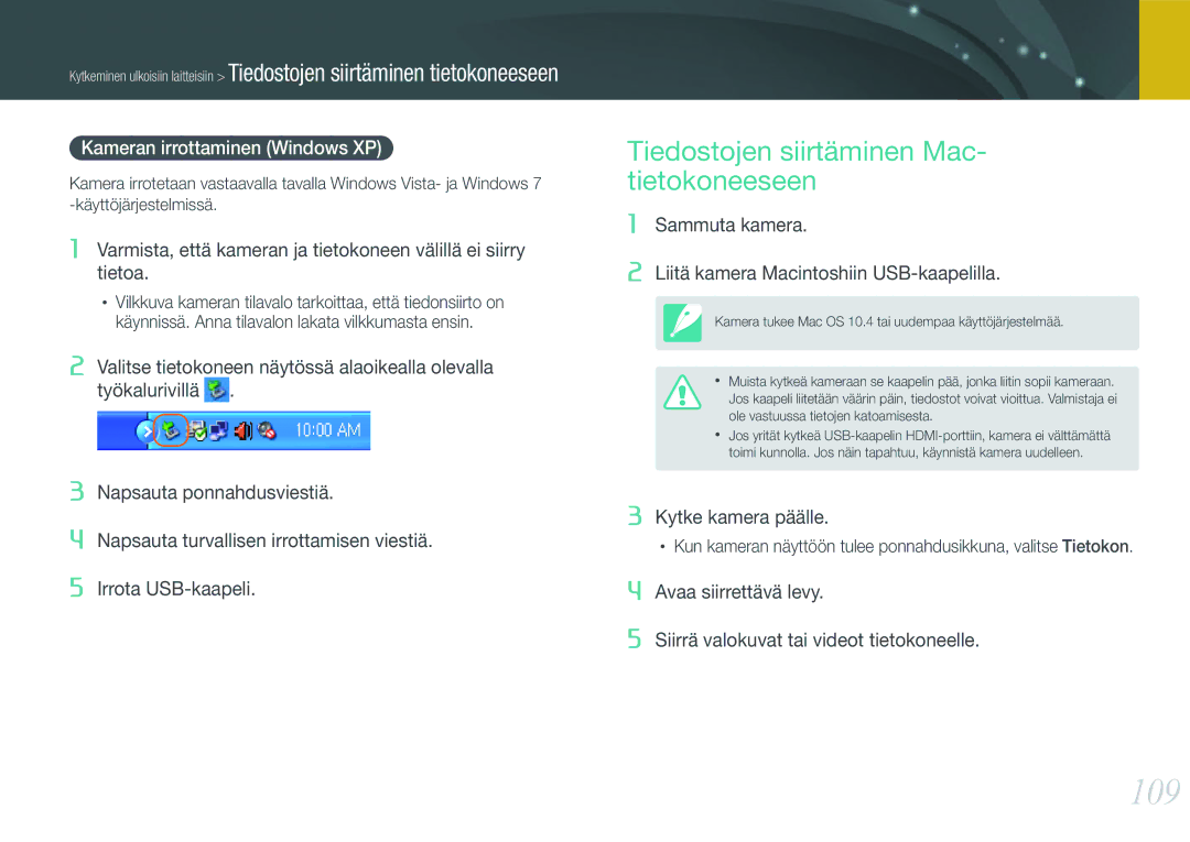 Samsung EV-NX11ZZBBBSE, EV-NX11ZZBABDK 109, Tiedostojen siirtäminen Mac- tietokoneeseen, Kameran irrottaminen Windows XP 