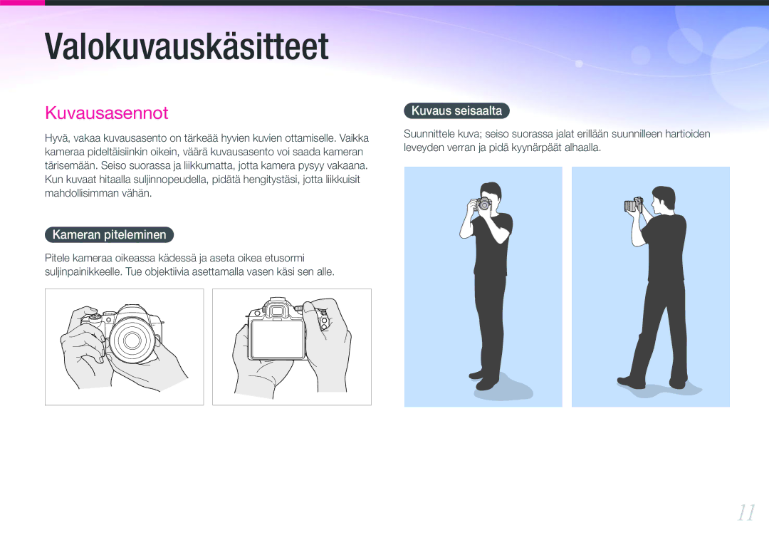 Samsung EV-NX11ZZBABDK, EV-NX11ZZBABSE, EV-NX11ZZBBBSE manual Kameran piteleminen, Kuvaus seisaalta 