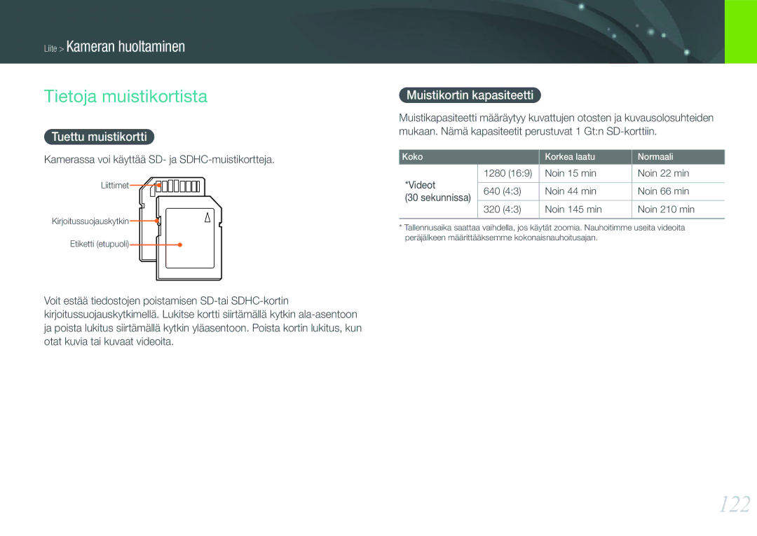 Samsung EV-NX11ZZBABDK manual 122, Tietoja muistikortista, Tuettu muistikortti Muistikortin kapasiteetti, Videot Sekunnissa 