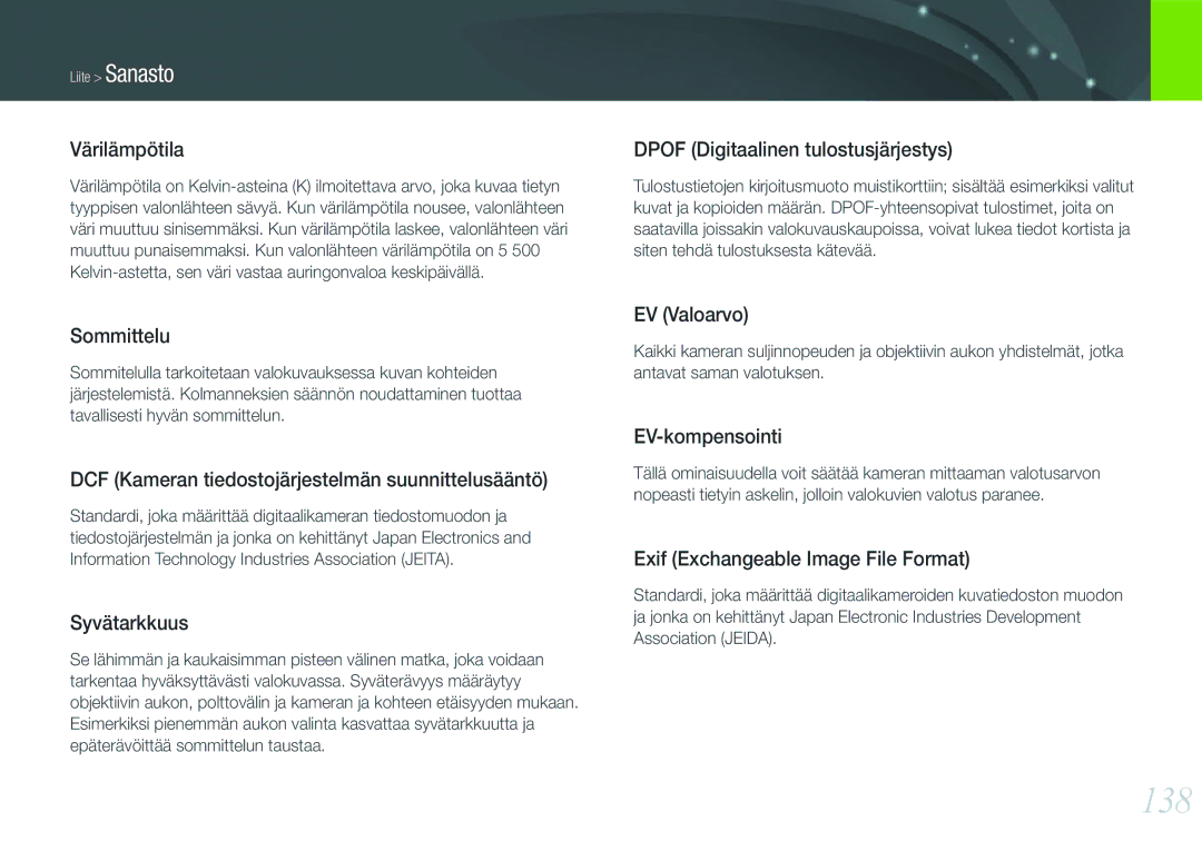 Samsung EV-NX11ZZBABSE, EV-NX11ZZBABDK, EV-NX11ZZBBBSE manual 138, Värilämpötila 