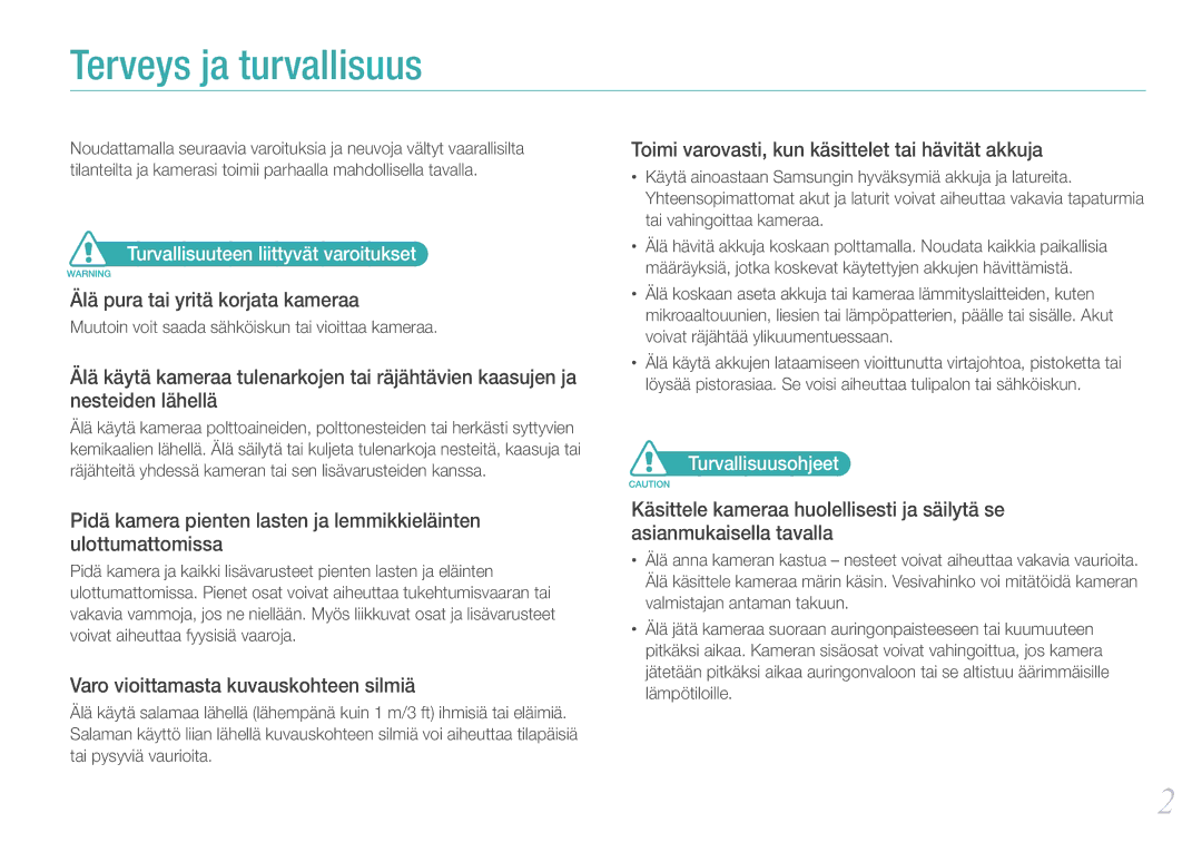 Samsung EV-NX11ZZBABDK, EV-NX11ZZBABSE, EV-NX11ZZBBBSE manual Turvallisuuteen liittyvät varoitukset, Turvallisuusohjeet 