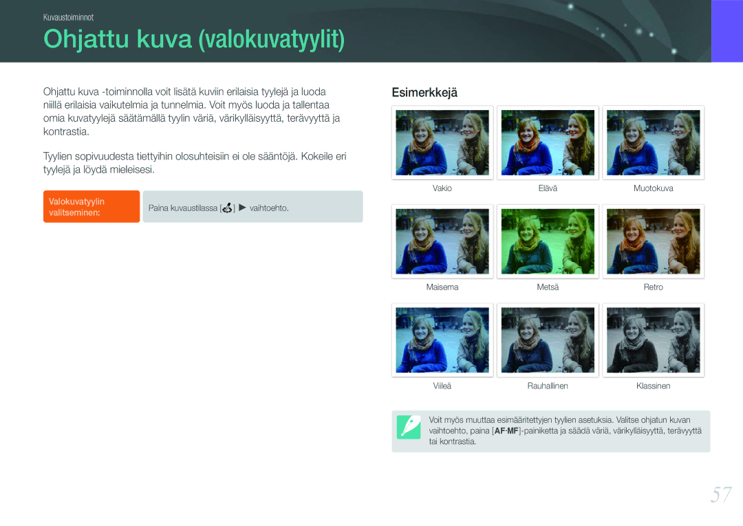 Samsung EV-NX11ZZBABSE, EV-NX11ZZBABDK, EV-NX11ZZBBBSE manual Ohjattu kuva valokuvatyylit 