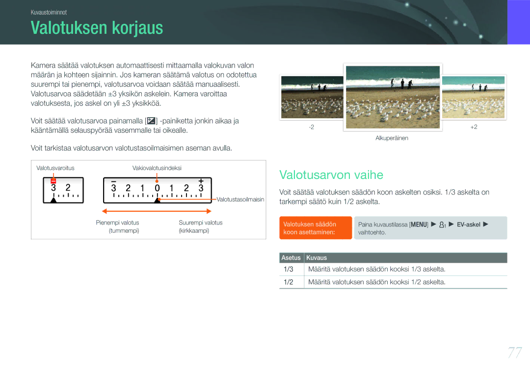 Samsung EV-NX11ZZBABDK manual Valotuksen korjaus, Valotusarvon vaihe, Määritä valotuksen säädön kooksi 1/3 askelta 