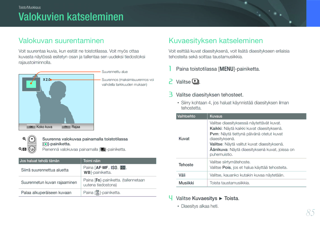 Samsung EV-NX11ZZBBBSE manual Valokuvien katseleminen, Valokuvan suurentaminen, Valitse diaesityksessä näytettävät kuvat 