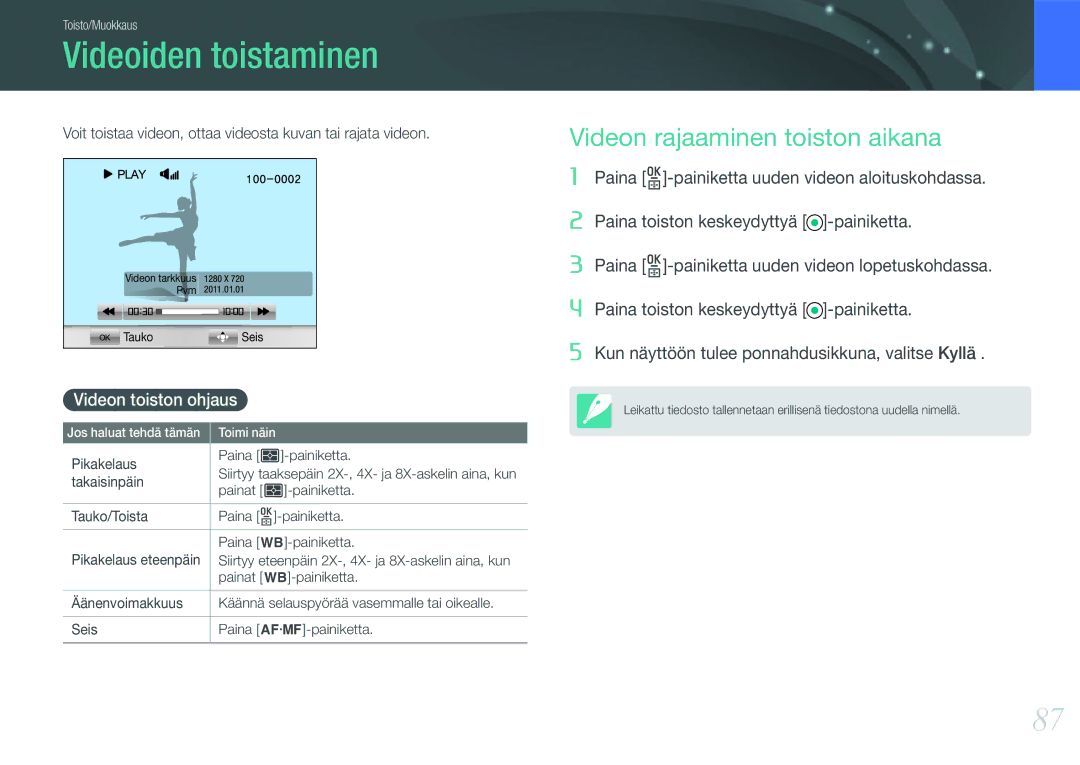 Samsung EV-NX11ZZBABSE, EV-NX11ZZBABDK manual Videoiden toistaminen, Videon rajaaminen toiston aikana, Videon toiston ohjaus 