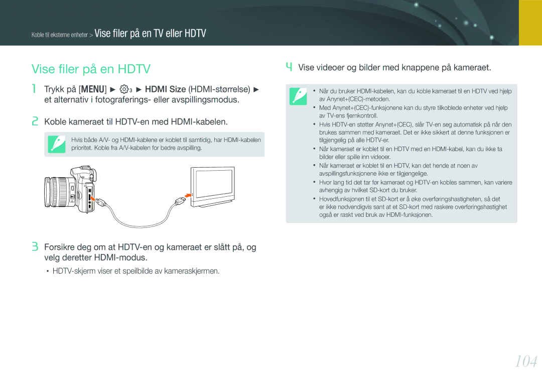 Samsung EV-NX11ZZBABDK, EV-NX11ZZBABSE, EV-NX11ZZBBBSE manual 104, Vise ﬁler på en Hdtv 