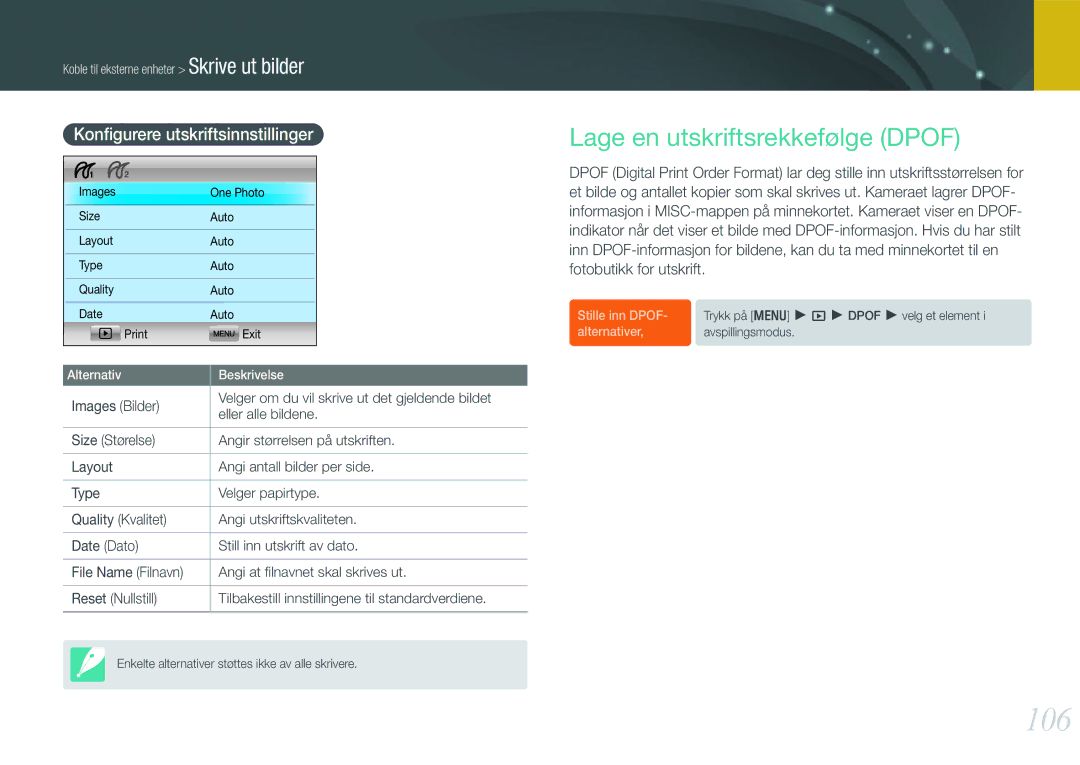 Samsung EV-NX11ZZBBBSE, EV-NX11ZZBABDK manual 106, Lage en utskriftsrekkefølge Dpof, Konﬁgurere utskriftsinnstillinger 
