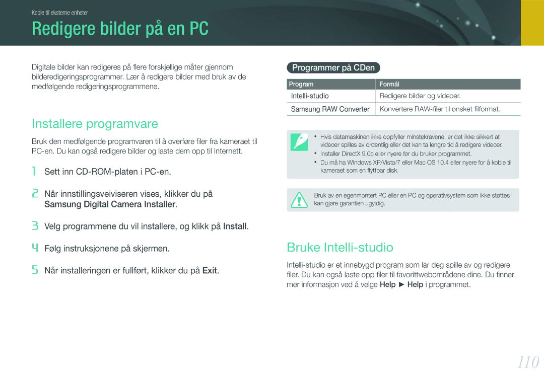 Samsung EV-NX11ZZBABDK Redigere bilder på en PC, 110, Installere programvare, Bruke Intelli-studio, Programmer på CDen 