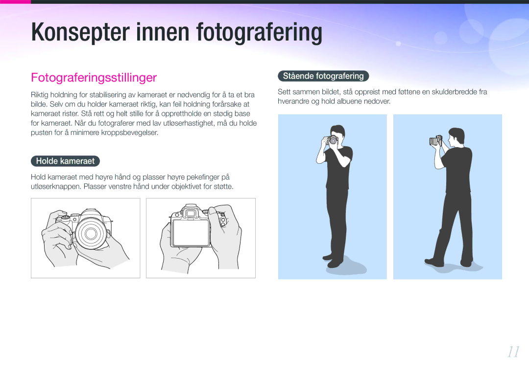 Samsung EV-NX11ZZBABDK, EV-NX11ZZBABSE, EV-NX11ZZBBBSE manual Holde kameraet, Stående fotografering 