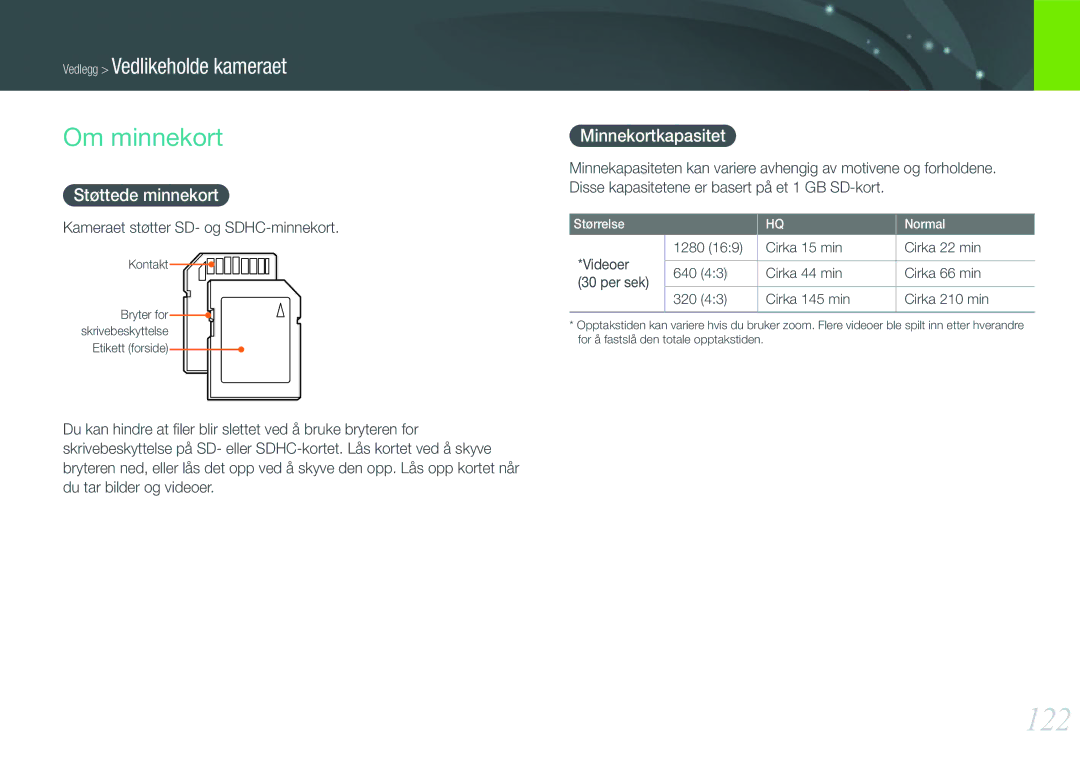 Samsung EV-NX11ZZBABDK, EV-NX11ZZBABSE manual 122, Om minnekort, Støttede minnekort Minnekortkapasitet, Videoer Per sek 
