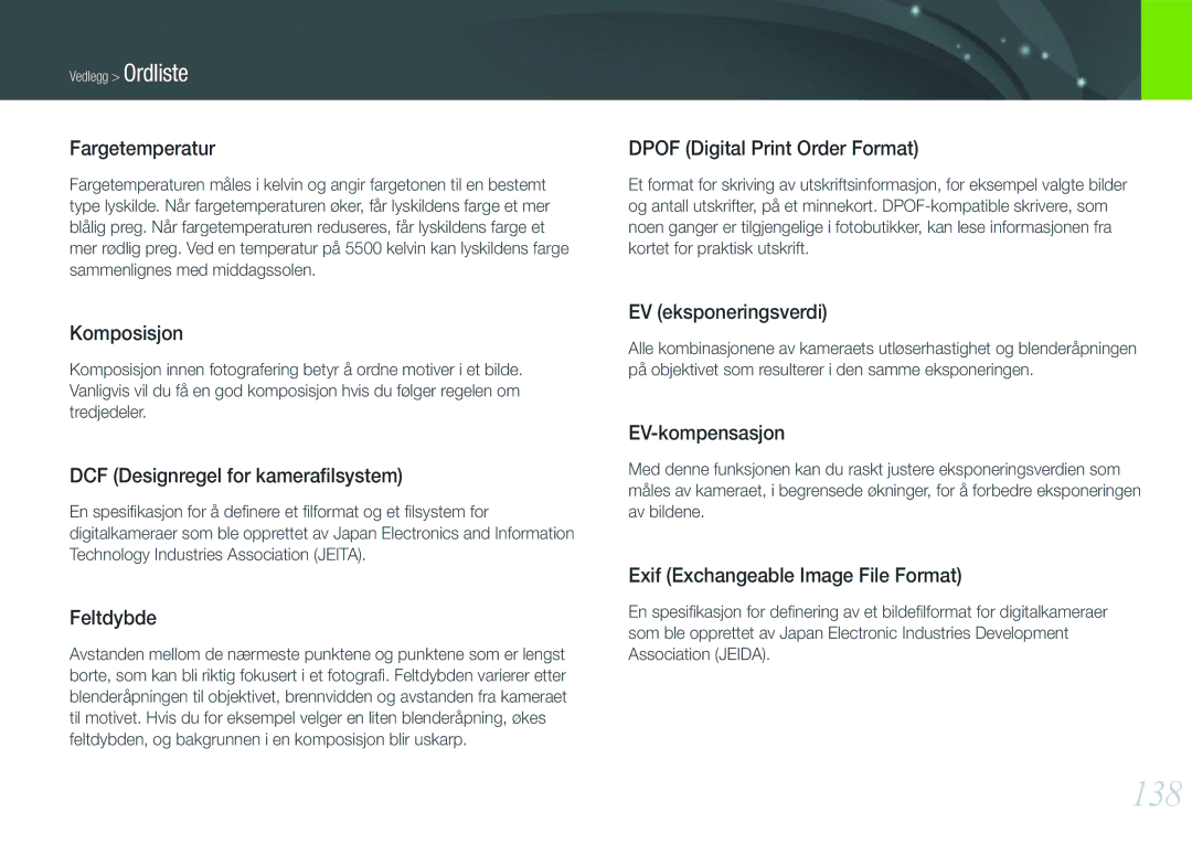 Samsung EV-NX11ZZBABSE, EV-NX11ZZBABDK, EV-NX11ZZBBBSE manual 138, Fargetemperatur 