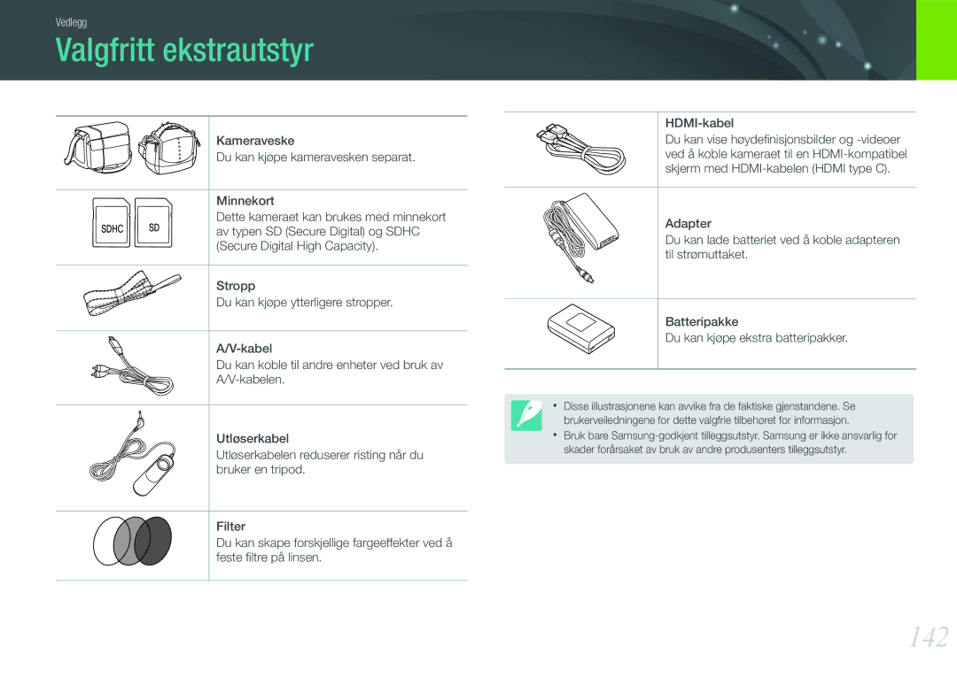 Samsung EV-NX11ZZBBBSE, EV-NX11ZZBABDK, EV-NX11ZZBABSE manual Valgfritt ekstrautstyr, 142 