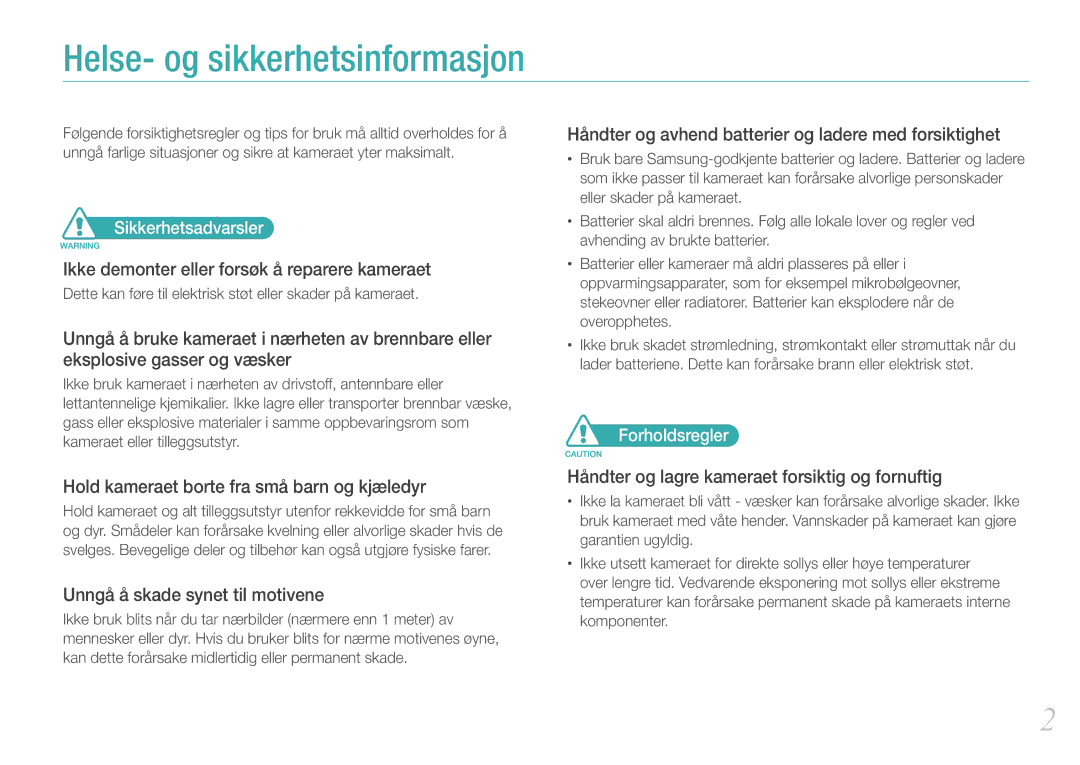 Samsung EV-NX11ZZBABDK, EV-NX11ZZBABSE, EV-NX11ZZBBBSE manual Sikkerhetsadvarsler, Forholdsregler 