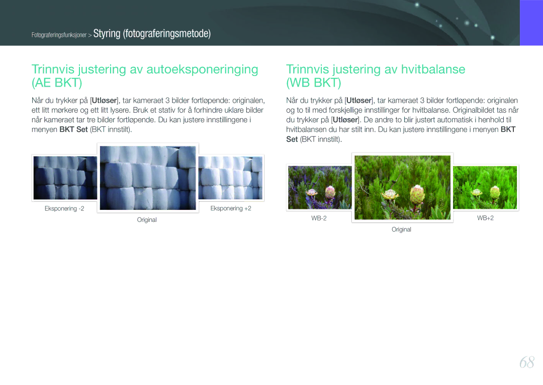 Samsung EV-NX11ZZBABDK manual Trinnvis justering av autoeksponeringing AE BKT, Trinnvis justering av hvitbalanse WB BKT 