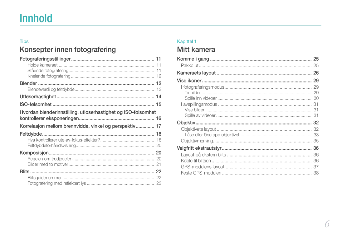 Samsung EV-NX11ZZBABSE, EV-NX11ZZBABDK, EV-NX11ZZBBBSE manual Innhold 