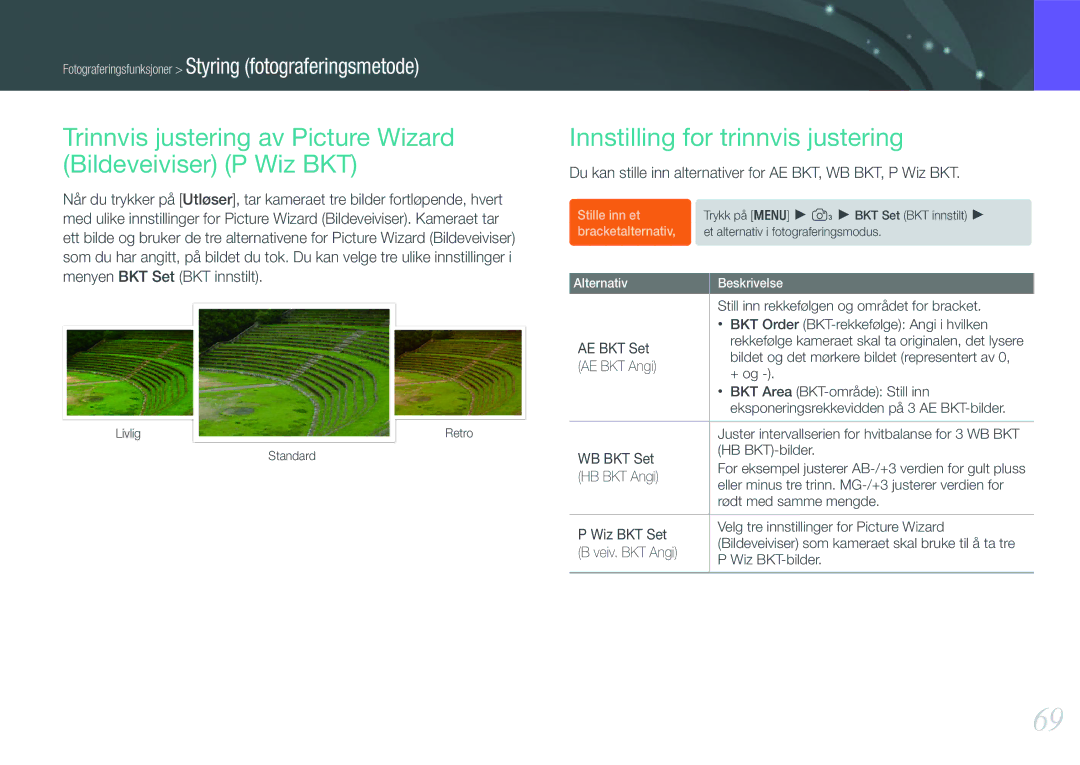 Samsung EV-NX11ZZBABSE, EV-NX11ZZBABDK manual Innstilling for trinnvis justering, WB BKT Set HB BKT-bilder, Wiz BKT-bilder 