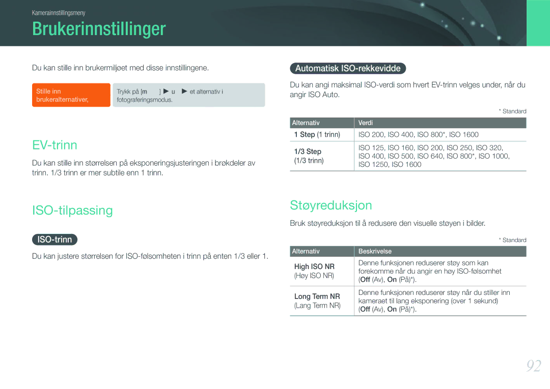 Samsung EV-NX11ZZBABDK manual Brukerinnstillinger, ISO-tilpassing, Støyreduksjon, Automatisk ISO-rekkevidde, ISO-trinn 