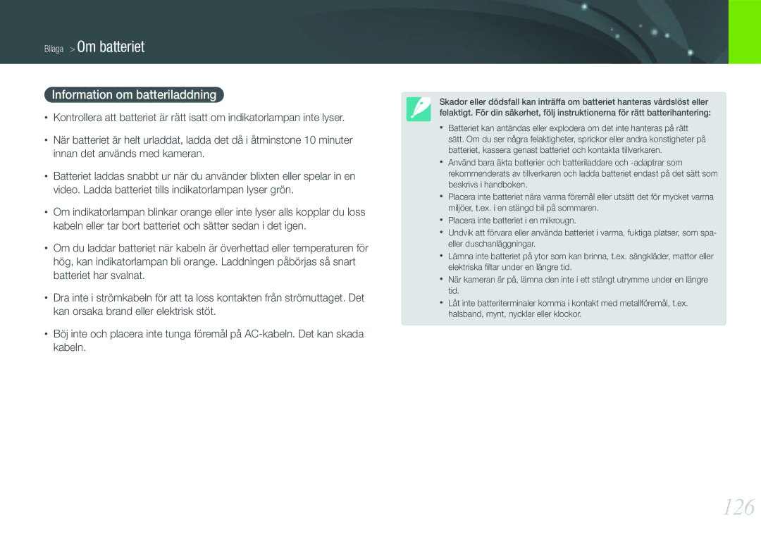 Samsung EV-NX11ZZBABSE, EV-NX11ZZBABDK, EV-NX11ZZBBBSE manual 126, Information om batteriladdning 
